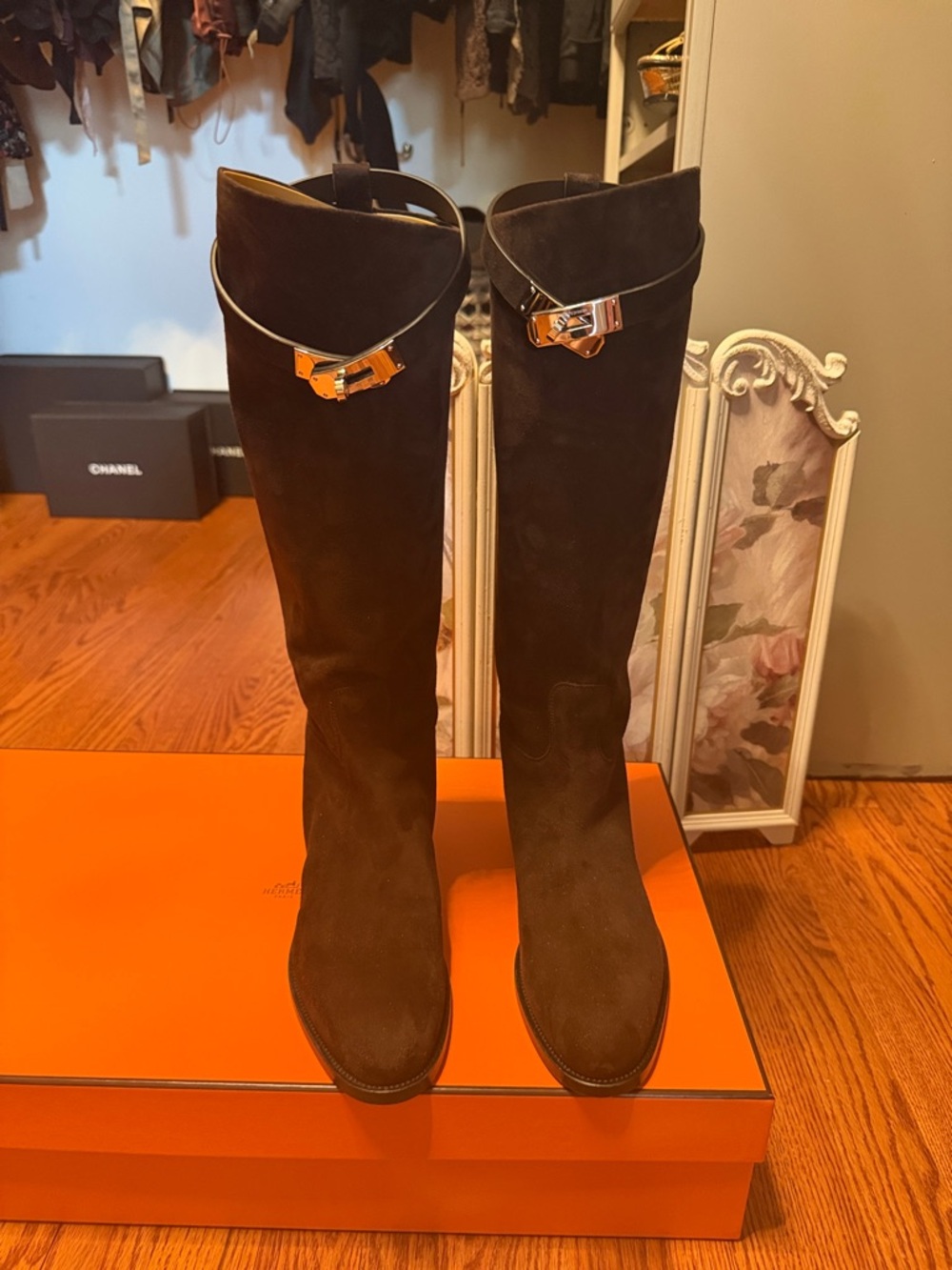 Hermes Dark Brown Suede Over-the-Knee Boots with Silver Buckle